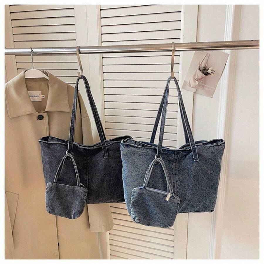 Women Vintage Acid Wash Denim Tote Bag, Large Capacity Multi Pocket Casual Shoulder Bag With Detachable Mini Coin Purse For School Commute Shopping Tr