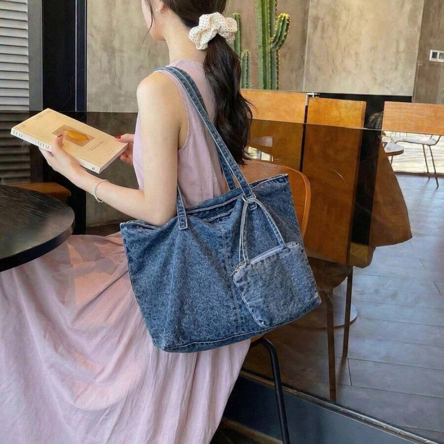 Women Vintage Acid Wash Denim Tote Bag, Large Capacity Multi Pocket Casual Shoulder Bag With Detachable Mini Coin Purse For School Commute Shopping Tr