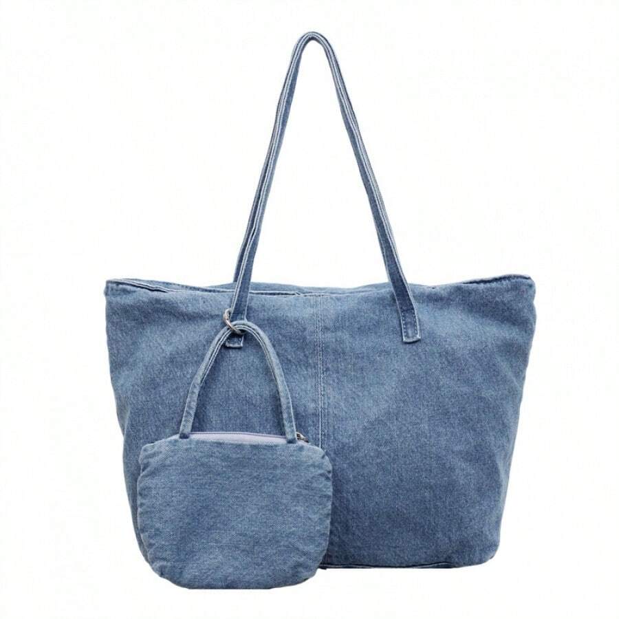 Women Vintage Acid Wash Denim Tote Bag, Large Capacity Multi Pocket Casual Shoulder Bag With Detachable Mini Coin Purse For School Commute Shopping Tr