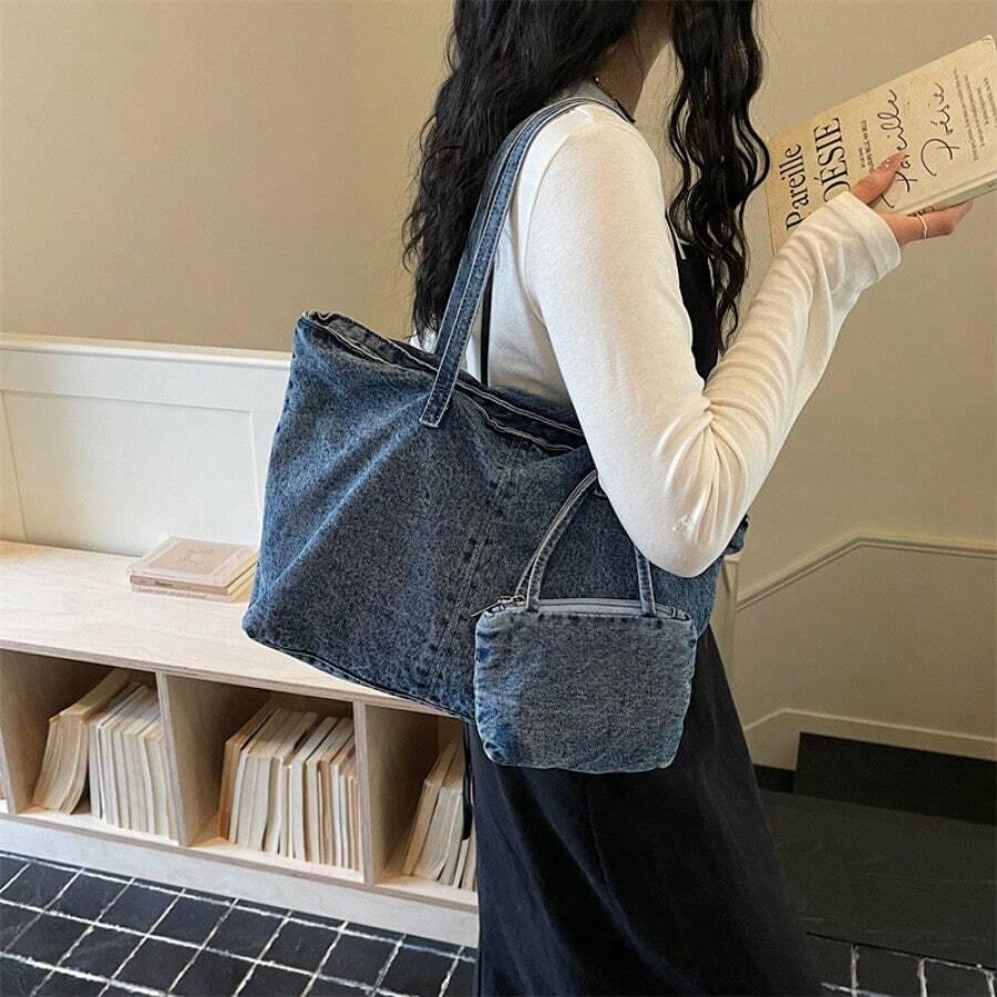 Women Vintage Acid Wash Denim Tote Bag, Large Capacity Multi Pocket Casual Shoulder Bag With Detachable Mini Coin Purse For School Commute Shopping Tr