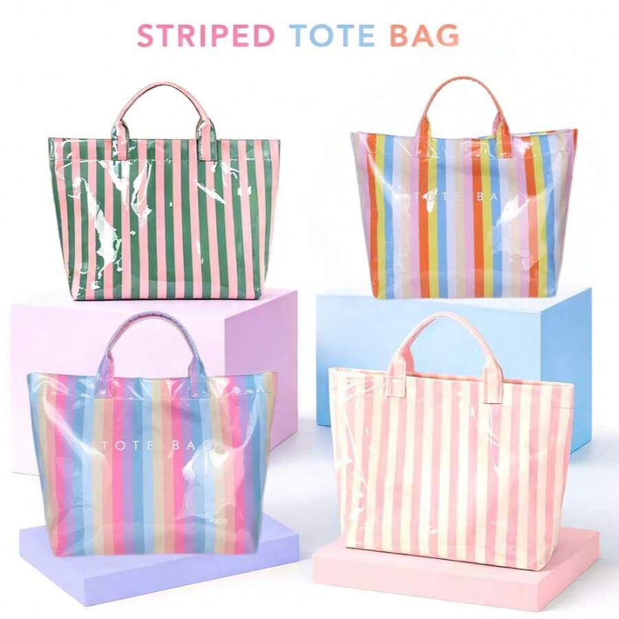 Striped PVC Coated Tote Bag, Large Capacity Travel Handbag, Suitable For Beach, Pool, Shopping, Vacation, Picnic And Daily Carry
