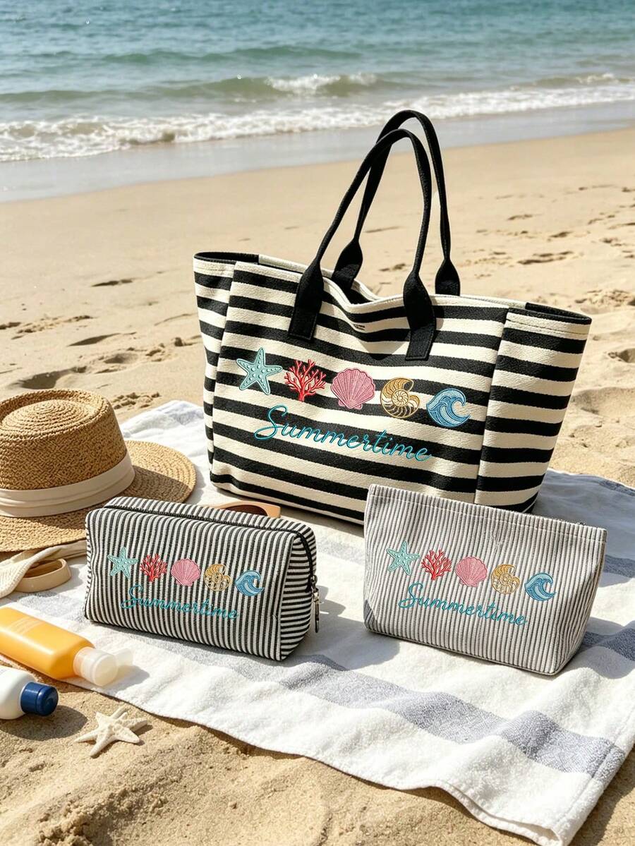 Large Capacity Striped Beach Tote Bag- Summer Theme Faux Embroidery Pattern Print (2D), Foldable Canvas Shoulder Bag, Vintage Striped Design, Multi-Functional Travel Bag, Makeup Bag Tote Set, Summer