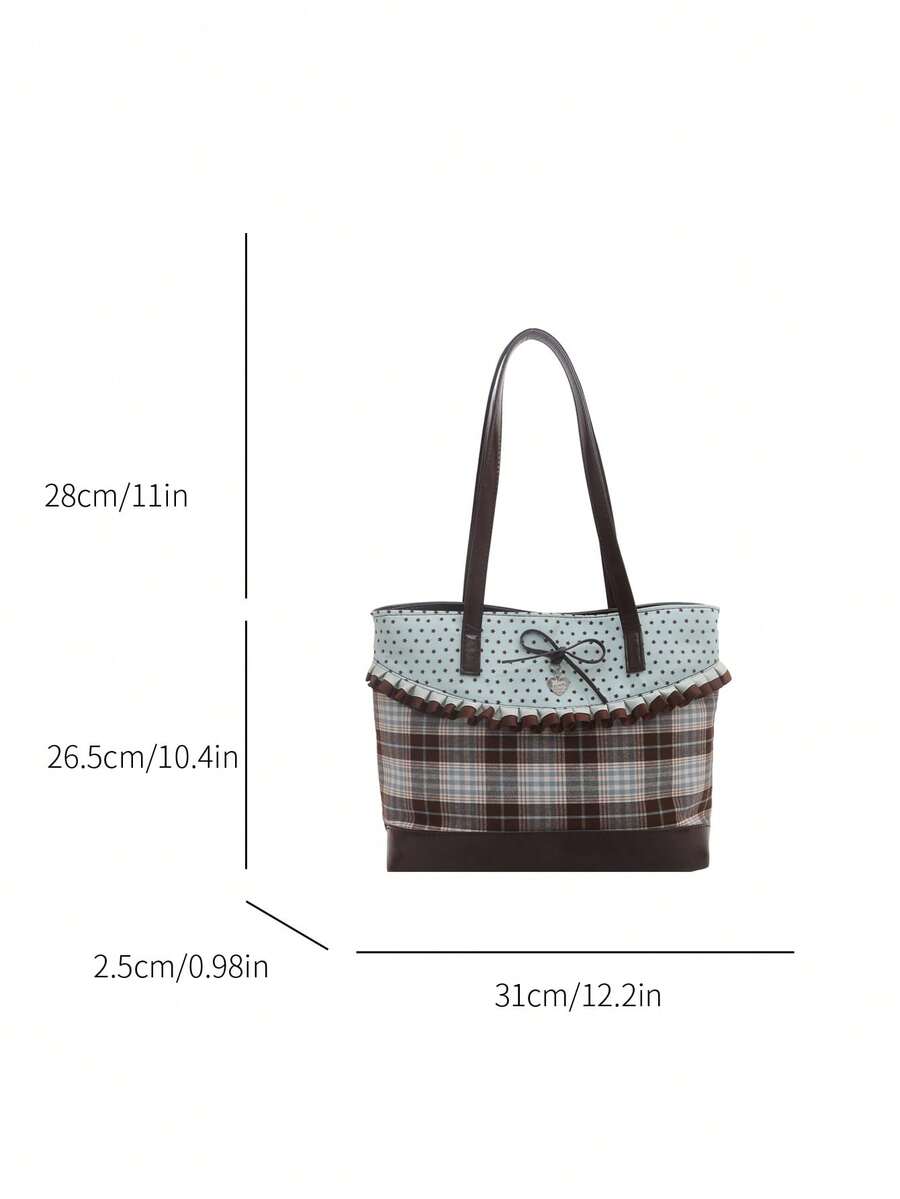 New Fashion Tote Bag, Sweet Style With Ruffle And Bow Decoration, Striped And Polka Dot Print Patchwork, Zipper Closure, Large Capacity Lightweight Minimalist Shoulder Bag. Suitable For Women's Daily