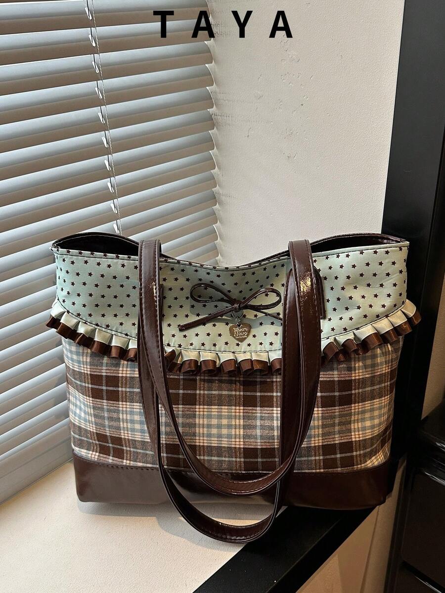 New Fashion Tote Bag, Sweet Style With Ruffle And Bow Decoration, Striped And Polka Dot Print Patchwork, Zipper Closure, Large Capacity Lightweight Minimalist Shoulder Bag. Suitable For Women's Daily