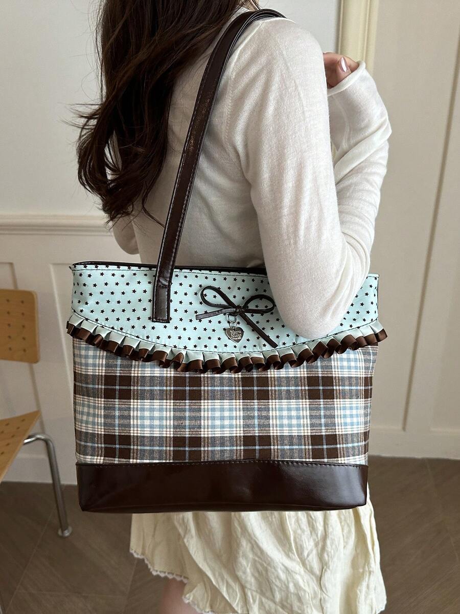New Fashion Tote Bag, Sweet Style With Ruffle And Bow Decoration, Striped And Polka Dot Print Patchwork, Zipper Closure, Large Capacity Lightweight Minimalist Shoulder Bag. Suitable For Women's Daily