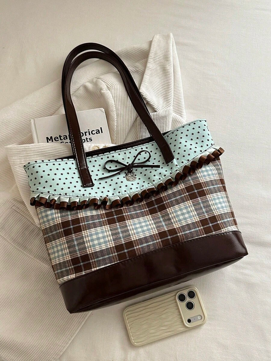 New Fashion Tote Bag, Sweet Style With Ruffle And Bow Decoration, Striped And Polka Dot Print Patchwork, Zipper Closure, Large Capacity Lightweight Minimalist Shoulder Bag. Suitable For Women's Daily