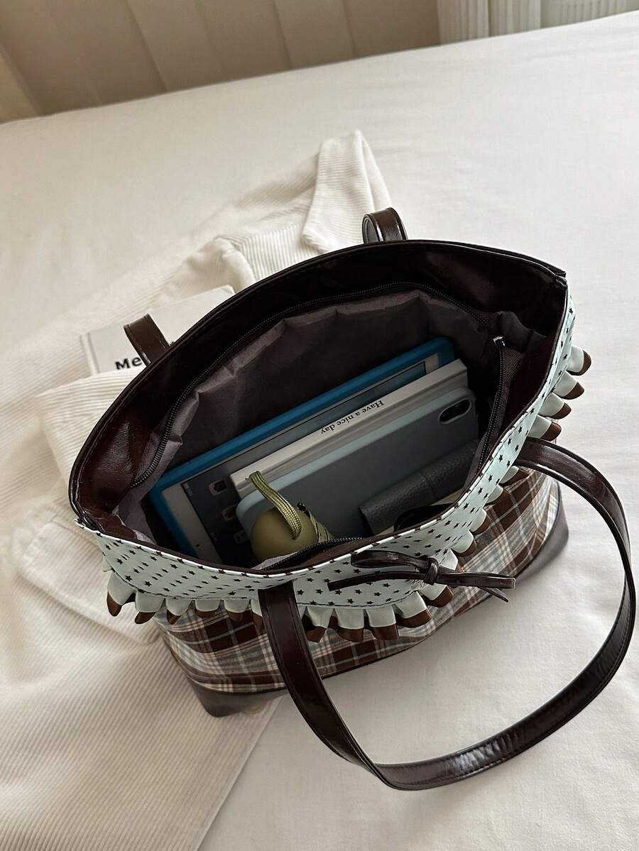 New Fashion Tote Bag, Sweet Style With Ruffle And Bow Decoration, Striped And Polka Dot Print Patchwork, Zipper Closure, Large Capacity Lightweight Minimalist Shoulder Bag. Suitable For Women's Daily