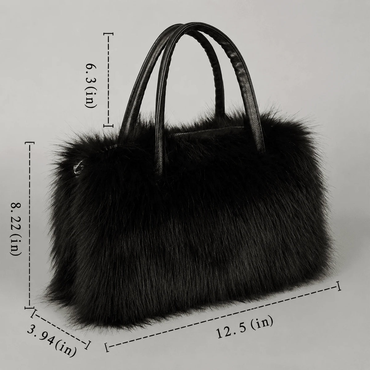 Women's Faux Fur Crossbody Tote Purse, Black Leather Handle Fluffy Fashion Shoulder Handbag
