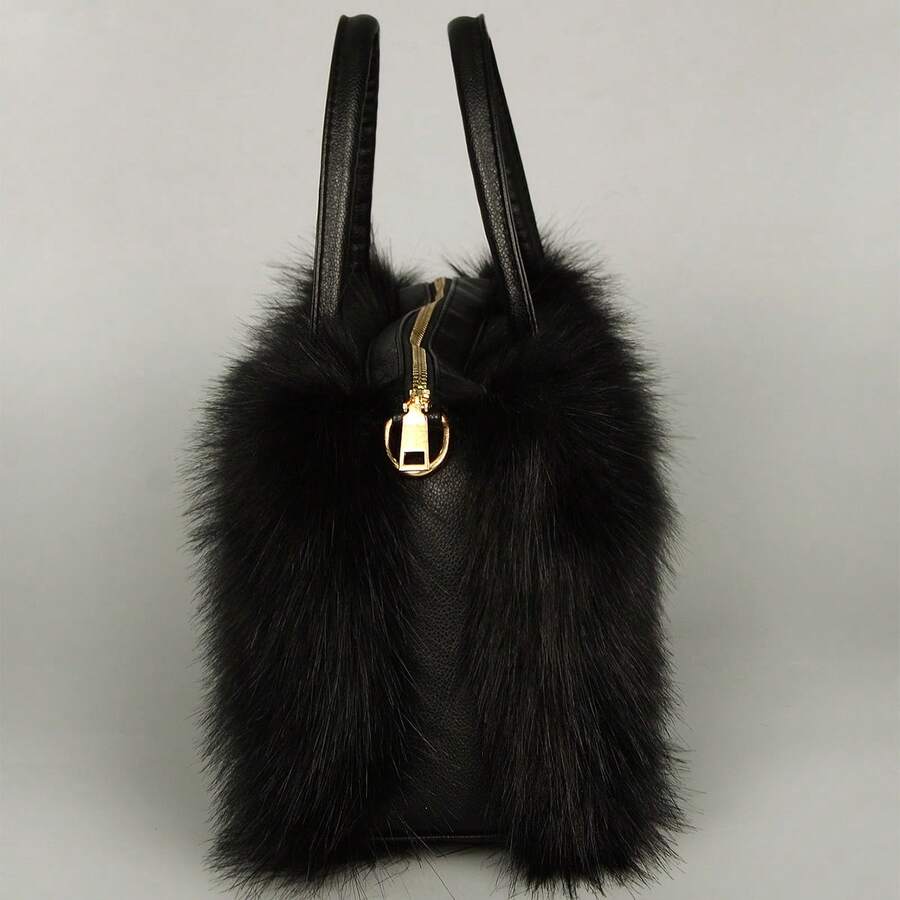 Women's Faux Fur Crossbody Tote Purse, Black Leather Handle Fluffy Fashion Shoulder Handbag
