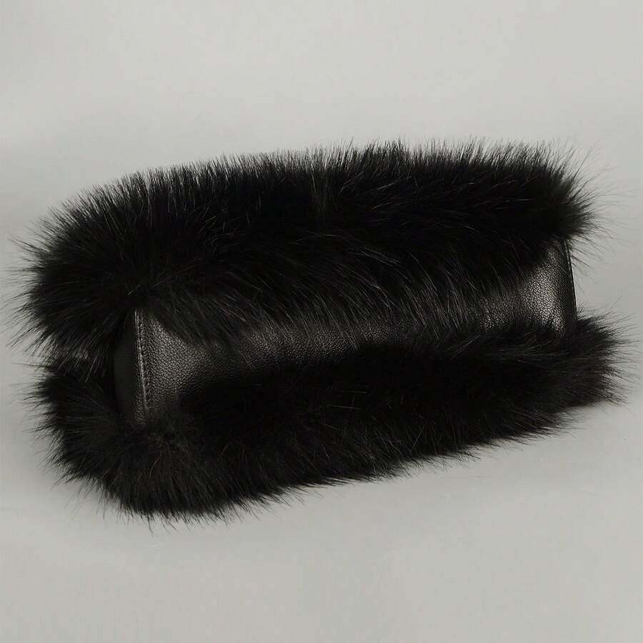 Women's Faux Fur Crossbody Tote Purse, Black Leather Handle Fluffy Fashion Shoulder Handbag