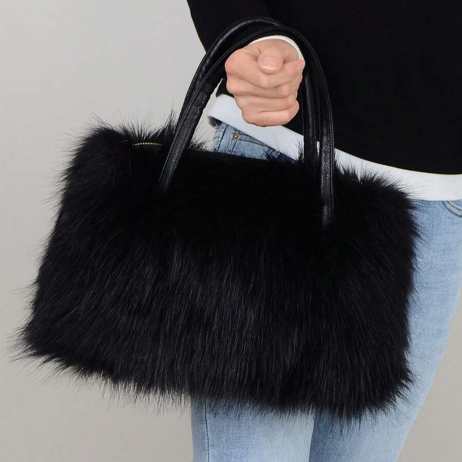 Women's Faux Fur Crossbody Tote Purse, Black Leather Handle Fluffy Fashion Shoulder Handbag