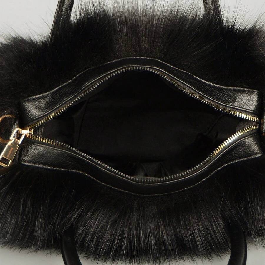 Women's Faux Fur Crossbody Tote Purse, Black Leather Handle Fluffy Fashion Shoulder Handbag