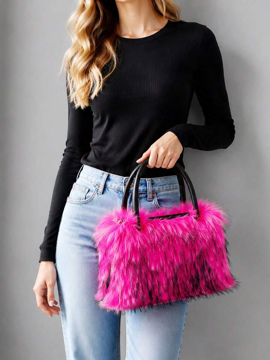Women's Faux Fur Crossbody Tote Purse, Black Leather Handle Fluffy Fashion Shoulder Handbag