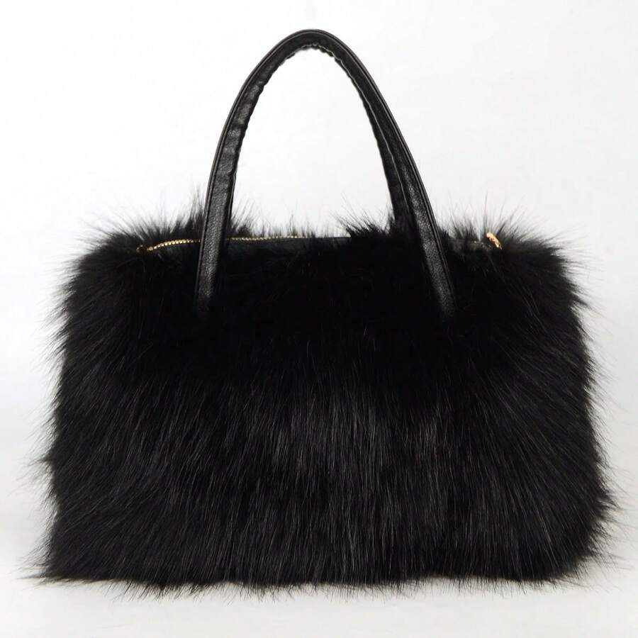 Women's Faux Fur Crossbody Tote Purse, Black Leather Handle Fluffy Fashion Shoulder Handbag