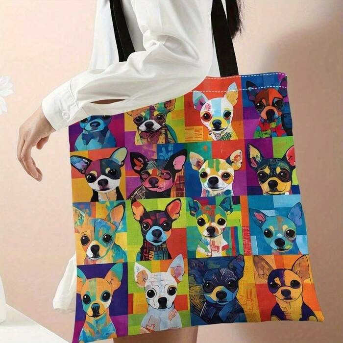 1pc Colorful Pop Art Chihuahua Print Tote Bag Large Capacity Shoulder Handbag Ha
