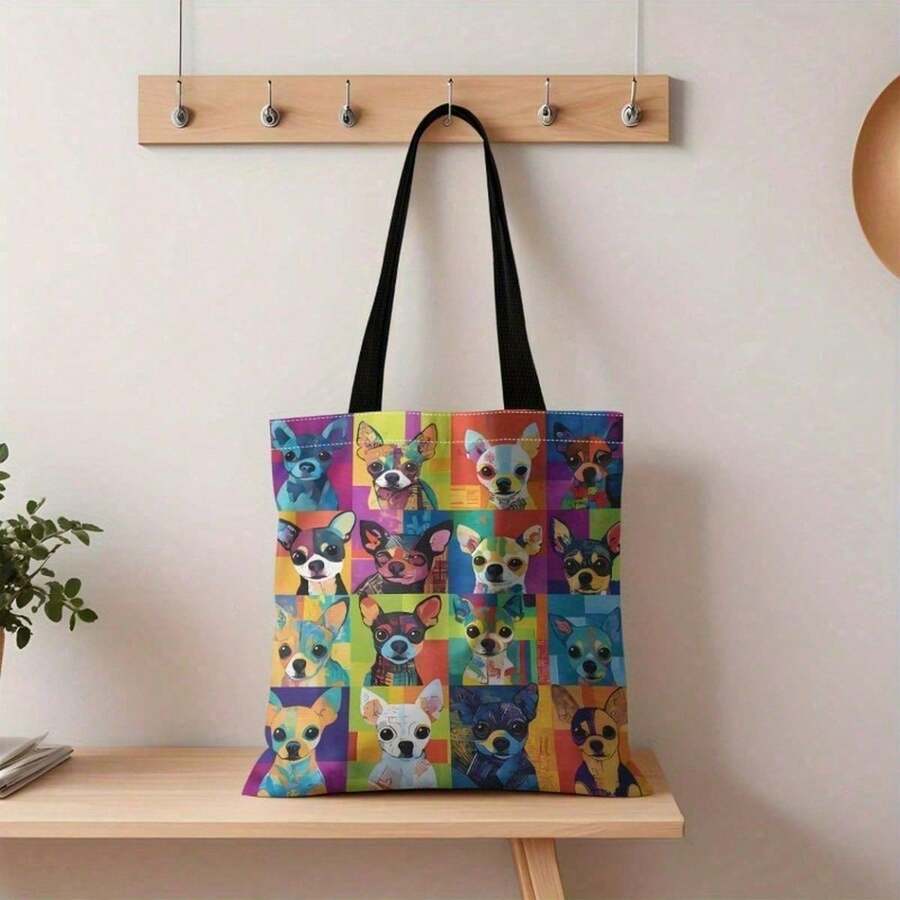 1pc Colorful Pop Art Chihuahua Print Tote Bag Large Capacity Shoulder Handbag Hand Washable For Daily Use Shopping Summer Outings Cute Dog Carrier