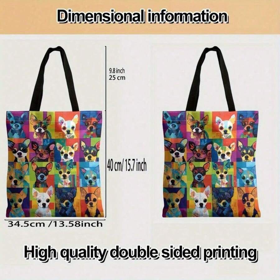 1pc Colorful Pop Art Chihuahua Print Tote Bag Large Capacity Shoulder Handbag Hand Washable For Daily Use Shopping Summer Outings Cute Dog Carrier