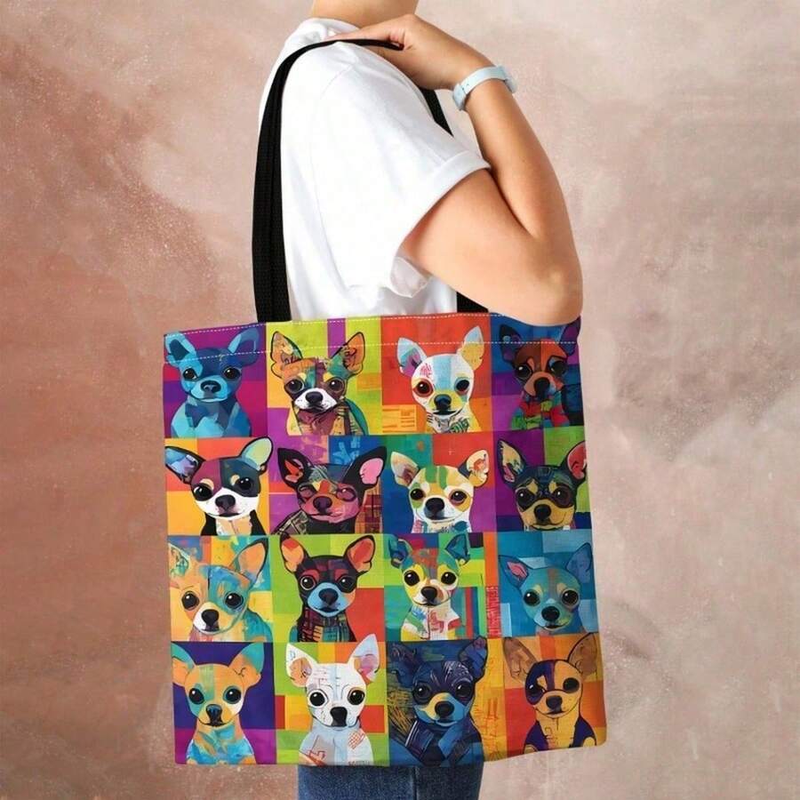 1pc Colorful Pop Art Chihuahua Print Tote Bag Large Capacity Shoulder Handbag Hand Washable For Daily Use Shopping Summer Outings Cute Dog Carrier