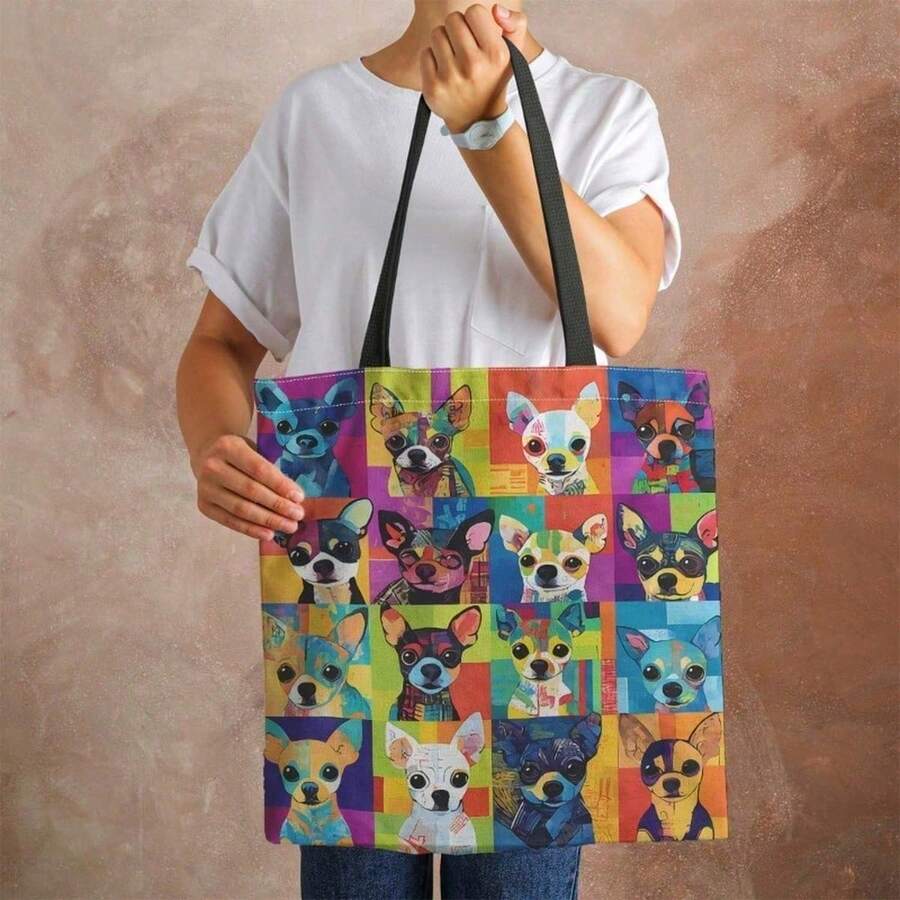 1pc Colorful Pop Art Chihuahua Print Tote Bag Large Capacity Shoulder Handbag Hand Washable For Daily Use Shopping Summer Outings Cute Dog Carrier