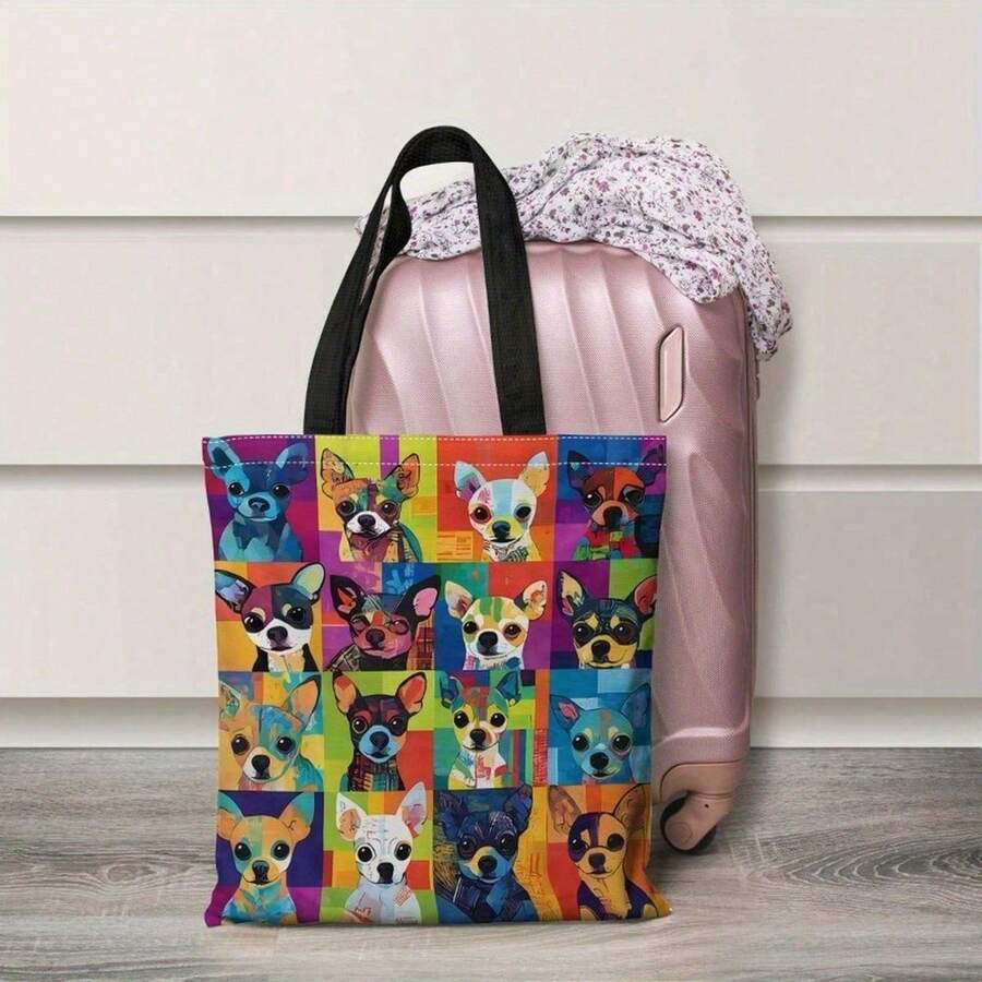 1pc Colorful Pop Art Chihuahua Print Tote Bag Large Capacity Shoulder Handbag Hand Washable For Daily Use Shopping Summer Outings Cute Dog Carrier