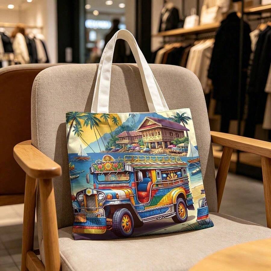 1pc Philippine Jeepney Tote Bag, Tropical Beach Print Canvas Tote, Lightweight Reusable Carryall For Women, Travel, Commuting, Shopping, Daily Errands