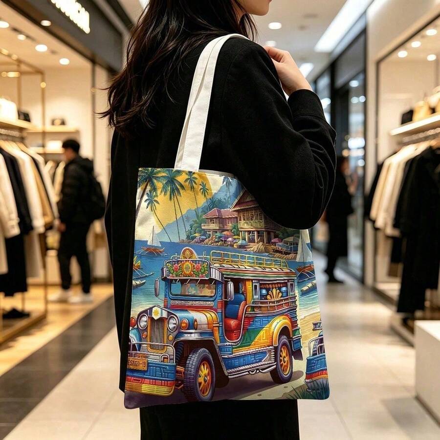 1pc Philippine Jeepney Tote Bag, Tropical Beach Print Canvas Tote, Lightweight Reusable Carryall For Women, Travel, Commuting, Shopping, Daily Errands
