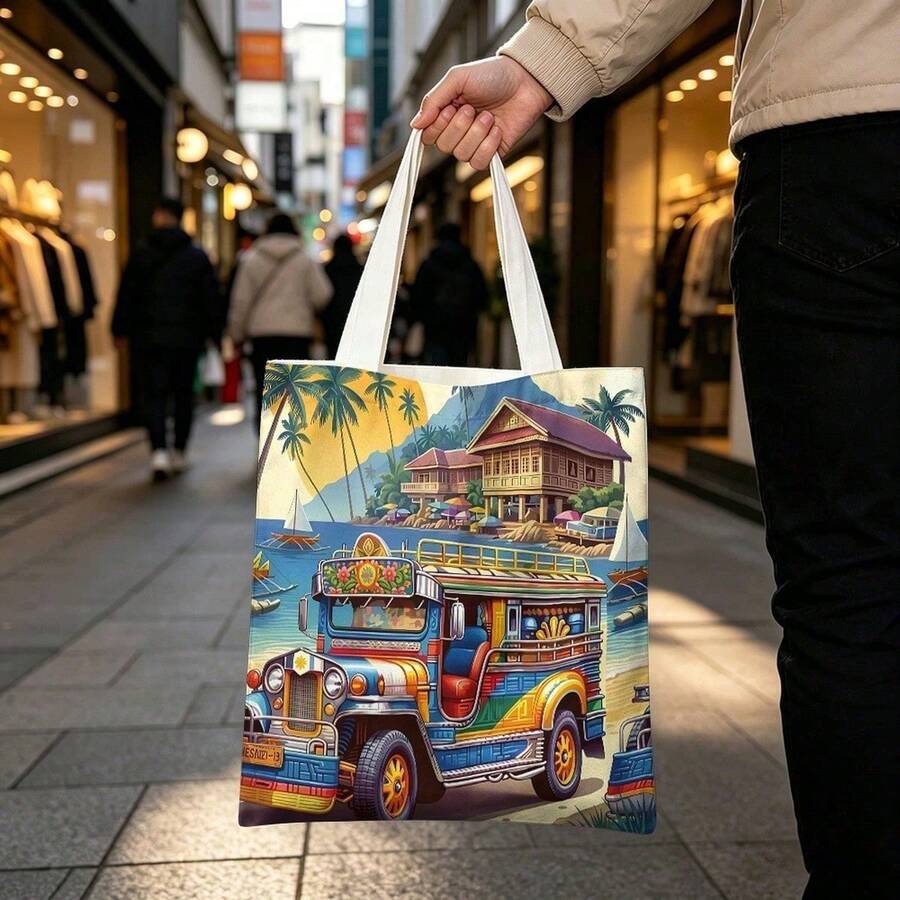 1pc Philippine Jeepney Tote Bag, Tropical Beach Print Canvas Tote, Lightweight Reusable Carryall For Women, Travel, Commuting, Shopping, Daily Errands