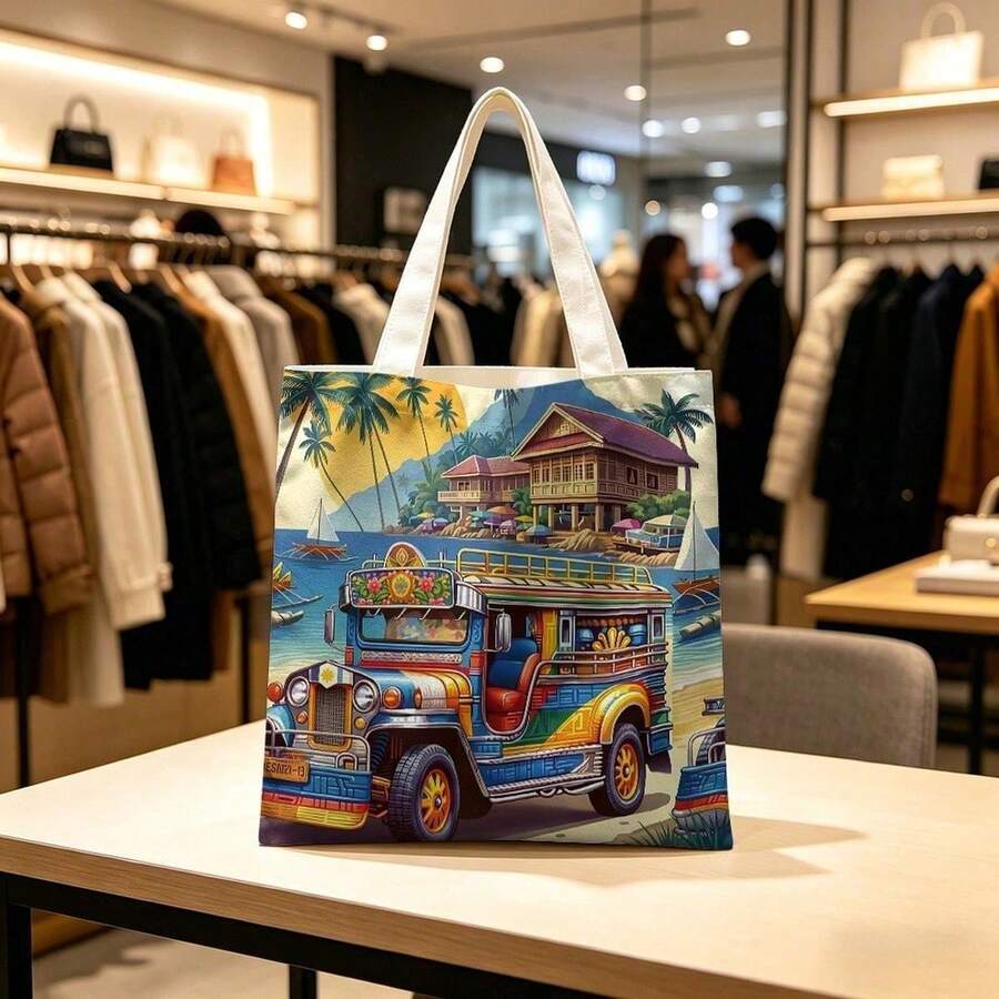1pc Philippine Jeepney Tote Bag, Tropical Beach Print Canvas Tote, Lightweight Reusable Carryall For Women, Travel, Commuting, Shopping, Daily Errands