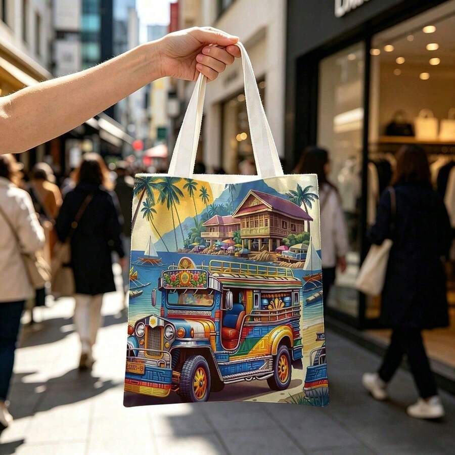 1pc Philippine Jeepney Tote Bag, Tropical Beach Print Canvas Tote, Lightweight Reusable Carryall For Women, Travel, Commuting, Shopping, Daily Errands