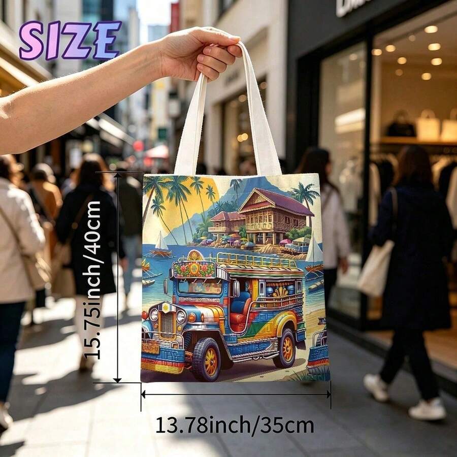 1pc Philippine Jeepney Tote Bag, Tropical Beach Print Canvas Tote, Lightweight Reusable Carryall For Women, Travel, Commuting, Shopping, Daily Errands