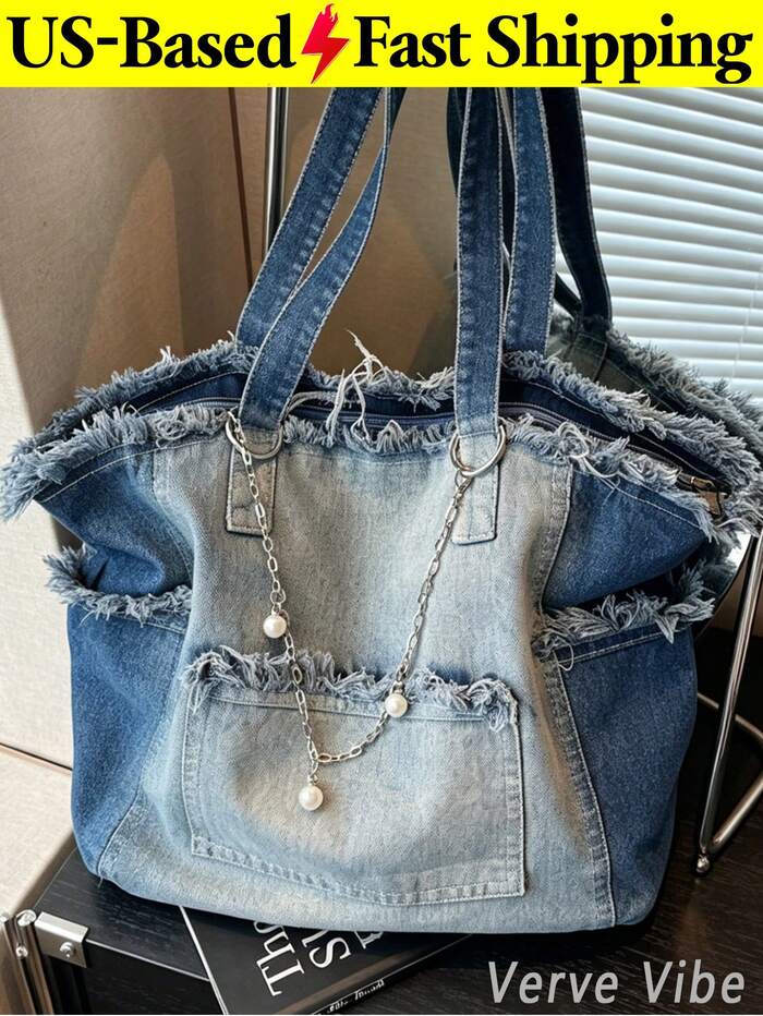 Shoulder Bag Pockets Denim Bag For Urban Women Heavy-Duty Tote Bag Summer Vibe B