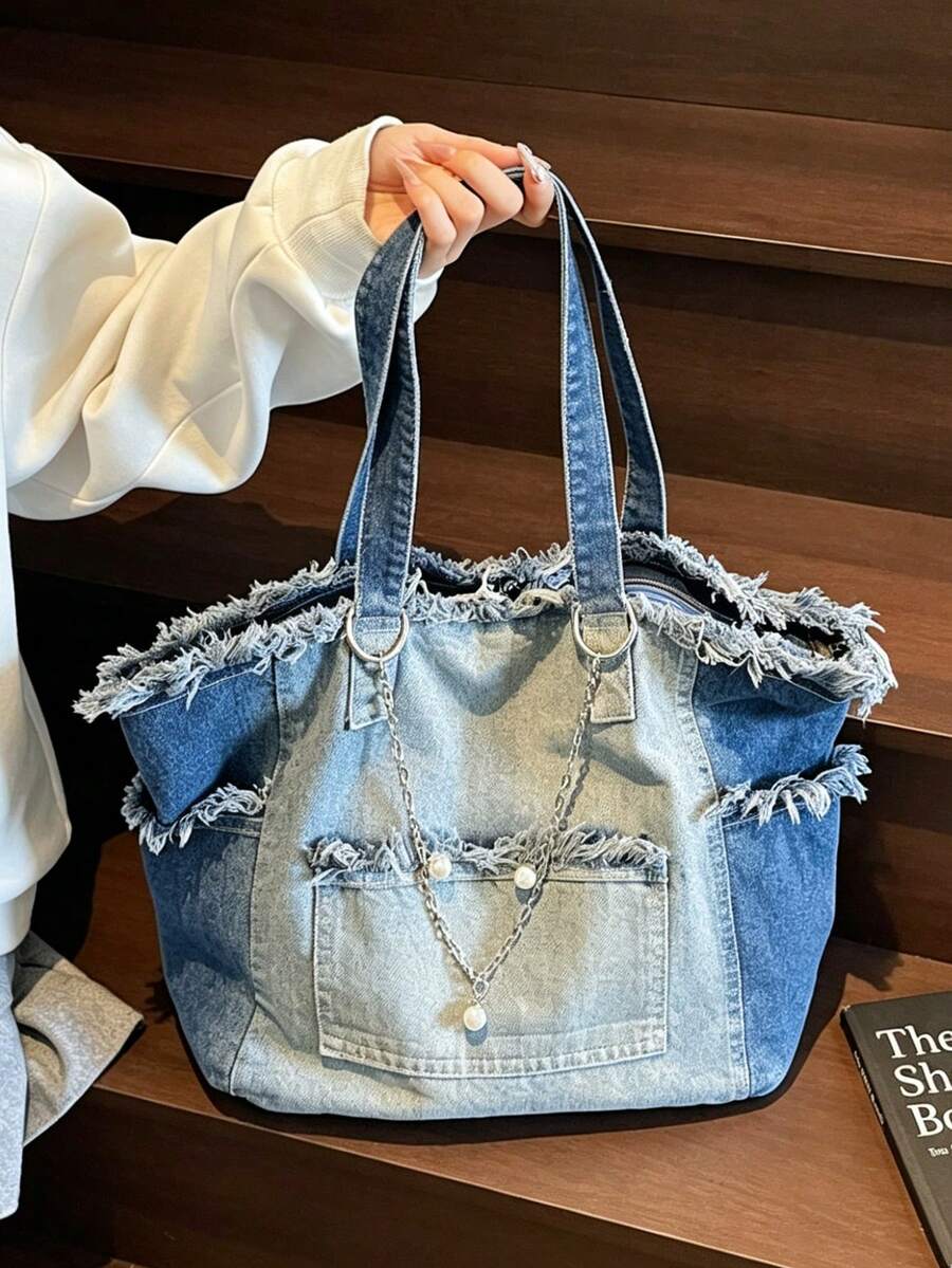 Shoulder Bag Pockets Denim Bag For Urban Women Heavy-Duty Tote Bag Summer Vibe Beach Trips Travel Essential Purses Bags Women Summer Bags For Women
