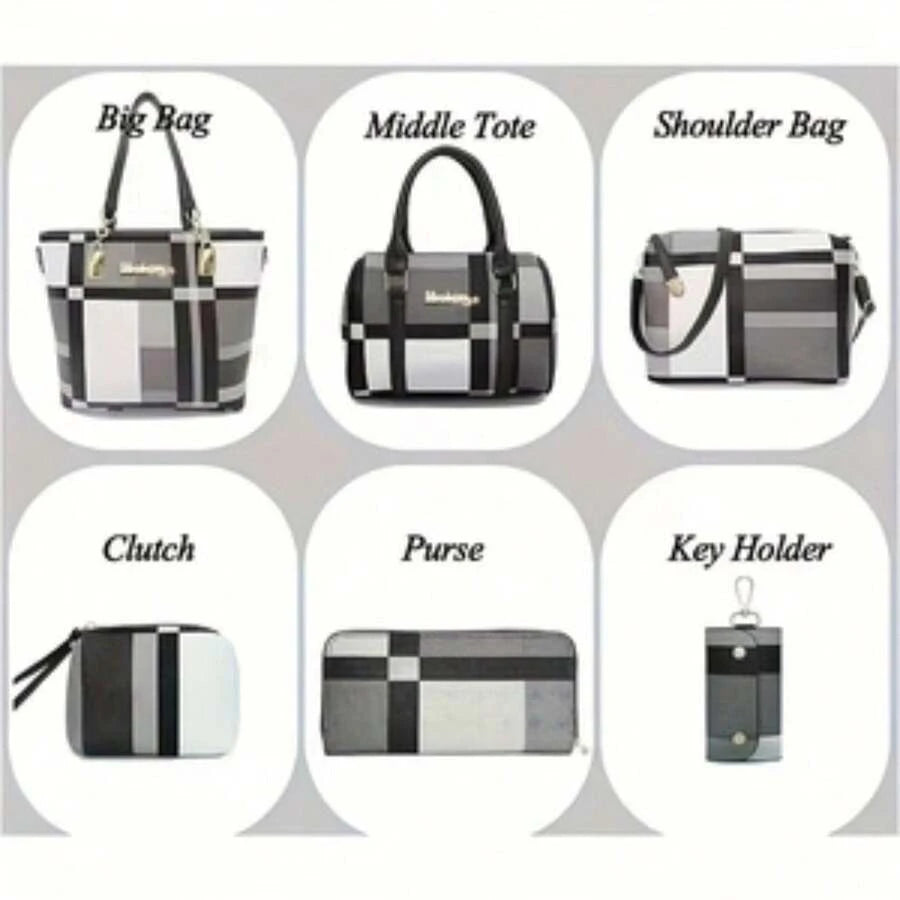 6-Pcs Womens Handbags Tote Bags Shoulder Bag Leather Purses Satchel Bag Top-Handle Handbag Crossbody Bag Wallet Clutch