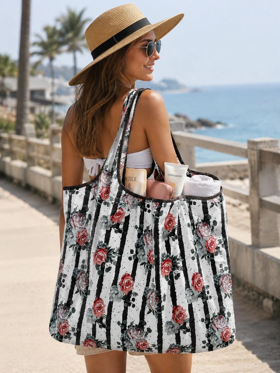 Floral Graphic Shopper Bag School Bag,Large Capacity,Portable, Suitable For Teen Girls Women College Students, Perfect For Back To School,First Day Of School,Middle School, High School,Shopping,Holida
