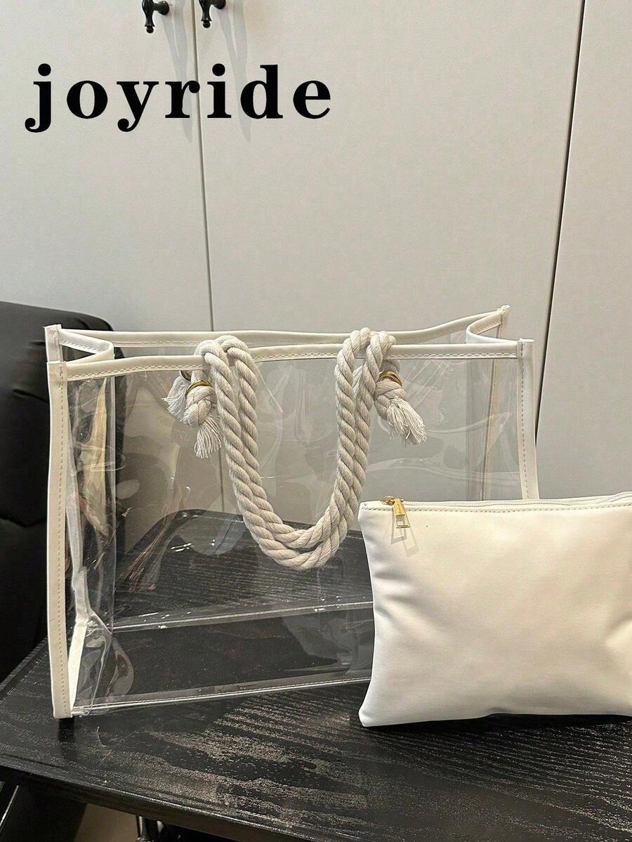 2pcs/Set Fashionable Color Block Transparent Beach Tote Bag For Women