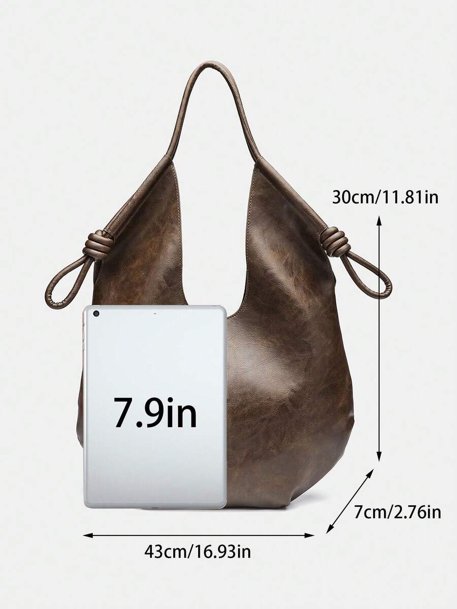 Brown PU Leather Korean French Casual Minimalist Style Large Capacity Tote Bag, Vintage Slouchy Drawstring Shoulder Bag, Multifunctional Premium Commuter Pleated Shopping Bag, Suitable For Girls, Stud
