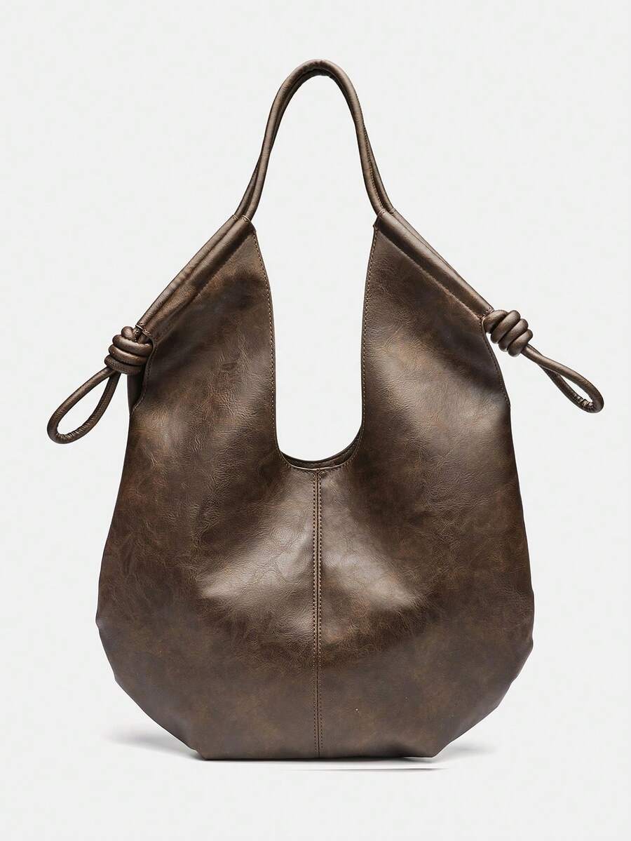 Brown PU Leather Korean French Casual Minimalist Style Large Capacity Tote Bag, Vintage Slouchy Drawstring Shoulder Bag, Multifunctional Premium Commuter Pleated Shopping Bag, Suitable For Girls, Stud