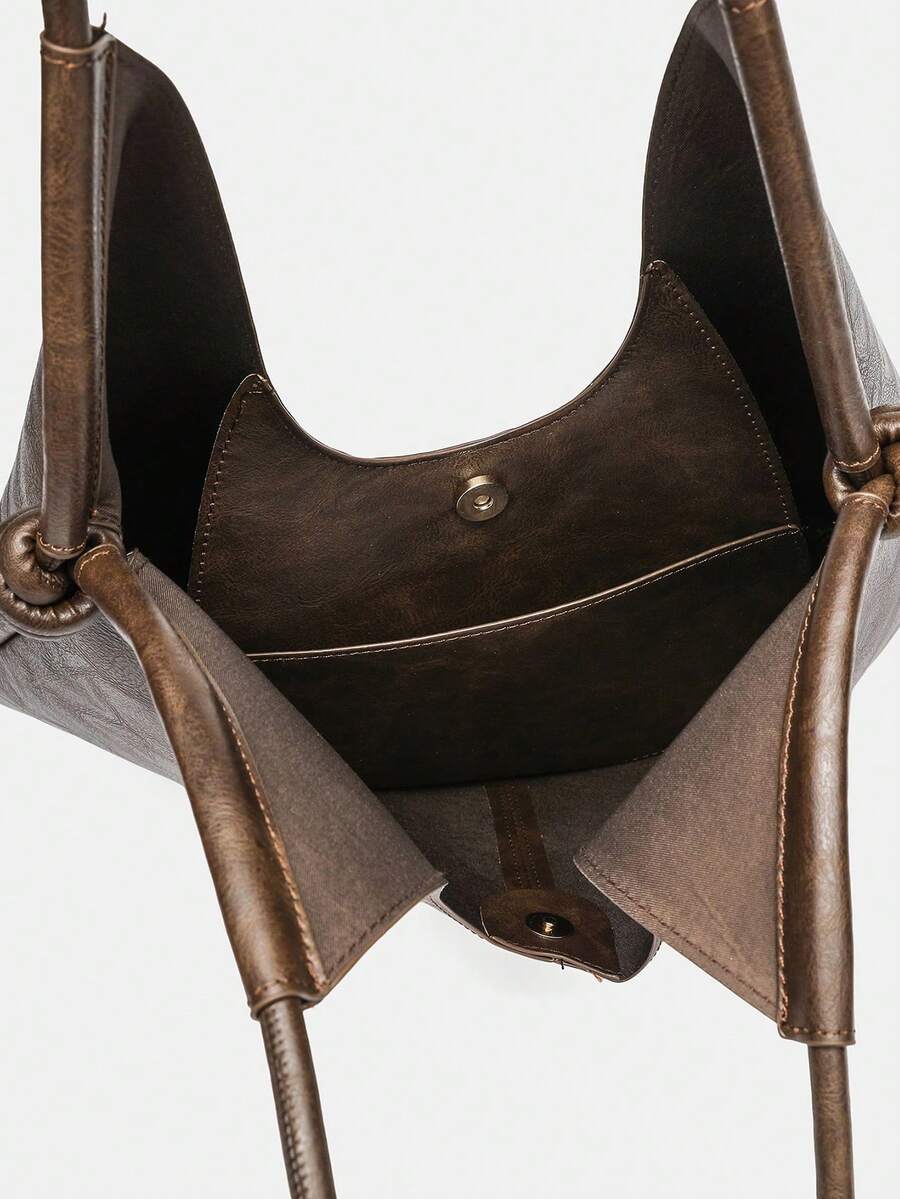 Brown PU Leather Korean French Casual Minimalist Style Large Capacity Tote Bag, Vintage Slouchy Drawstring Shoulder Bag, Multifunctional Premium Commuter Pleated Shopping Bag, Suitable For Girls, Stud