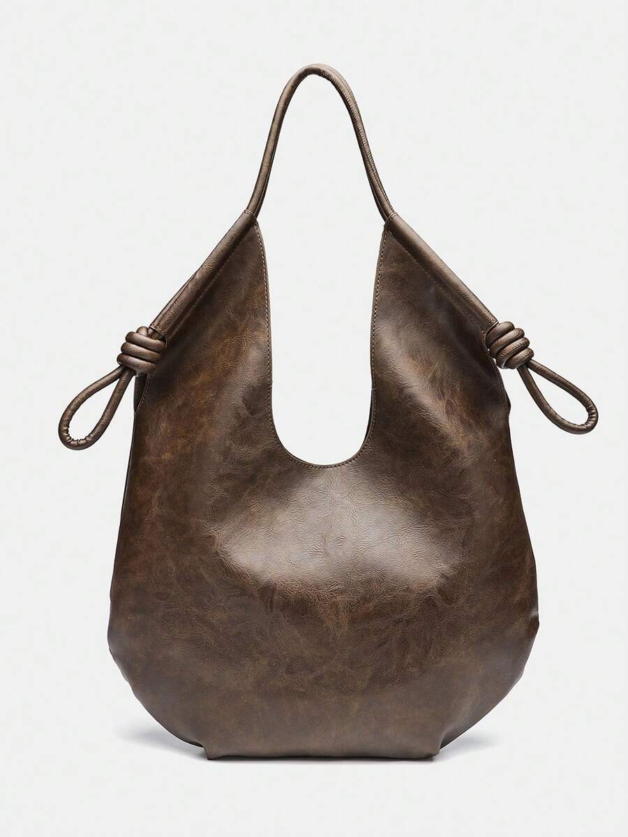 Brown PU Leather Korean French Casual Minimalist Style Large Capacity Tote Bag, Vintage Slouchy Drawstring Shoulder Bag, Multifunctional Premium Commuter Pleated Shopping Bag, Suitable For Girls, Stud