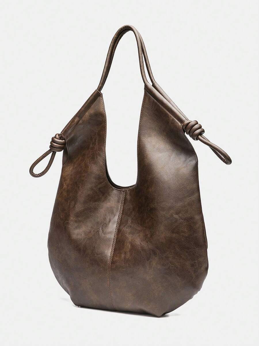 Brown PU Leather Korean French Casual Minimalist Style Large Capacity Tote Bag, Vintage Slouchy Drawstring Shoulder Bag, Multifunctional Premium Commuter Pleated Shopping Bag, Suitable For Girls, Stud