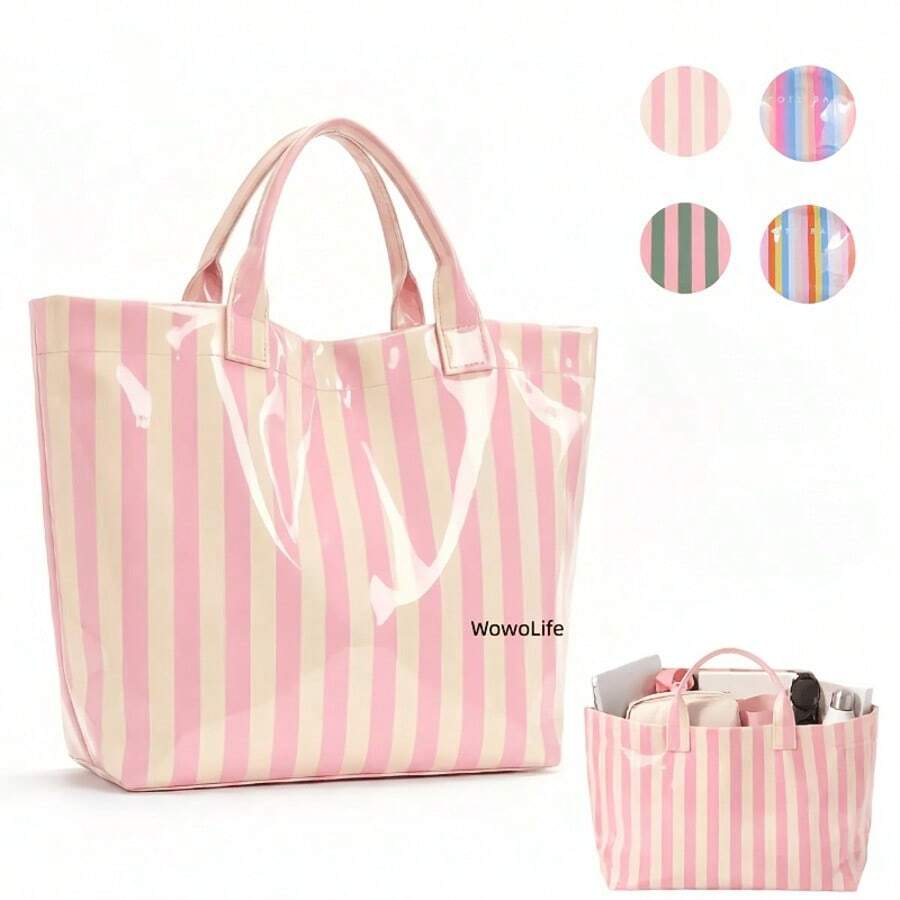 Striped PVC Coated Tote Bag, Large Capacity Travel Handbag, Suitable For Beach, Pool, Shopping, Vacation, Picnic And Daily Carry