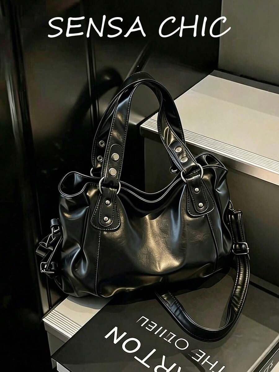 This Is A Fashionable And Minimalist Black Large-Capacity Women's Handbag, Featuring Smooth Metal Zippers, Dual Top Handles, And An Adjustable Long Shoulder Strap. The Ladies Can Wear It On The Should