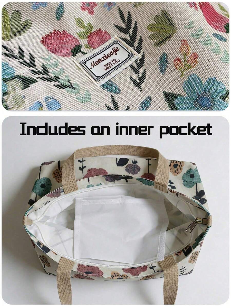 Large Capacity Zipper Shoulder Tote Bag, Floral Print With Decorative Scarf, Suitable For Work, School, Commuting Or Daily Casual Use