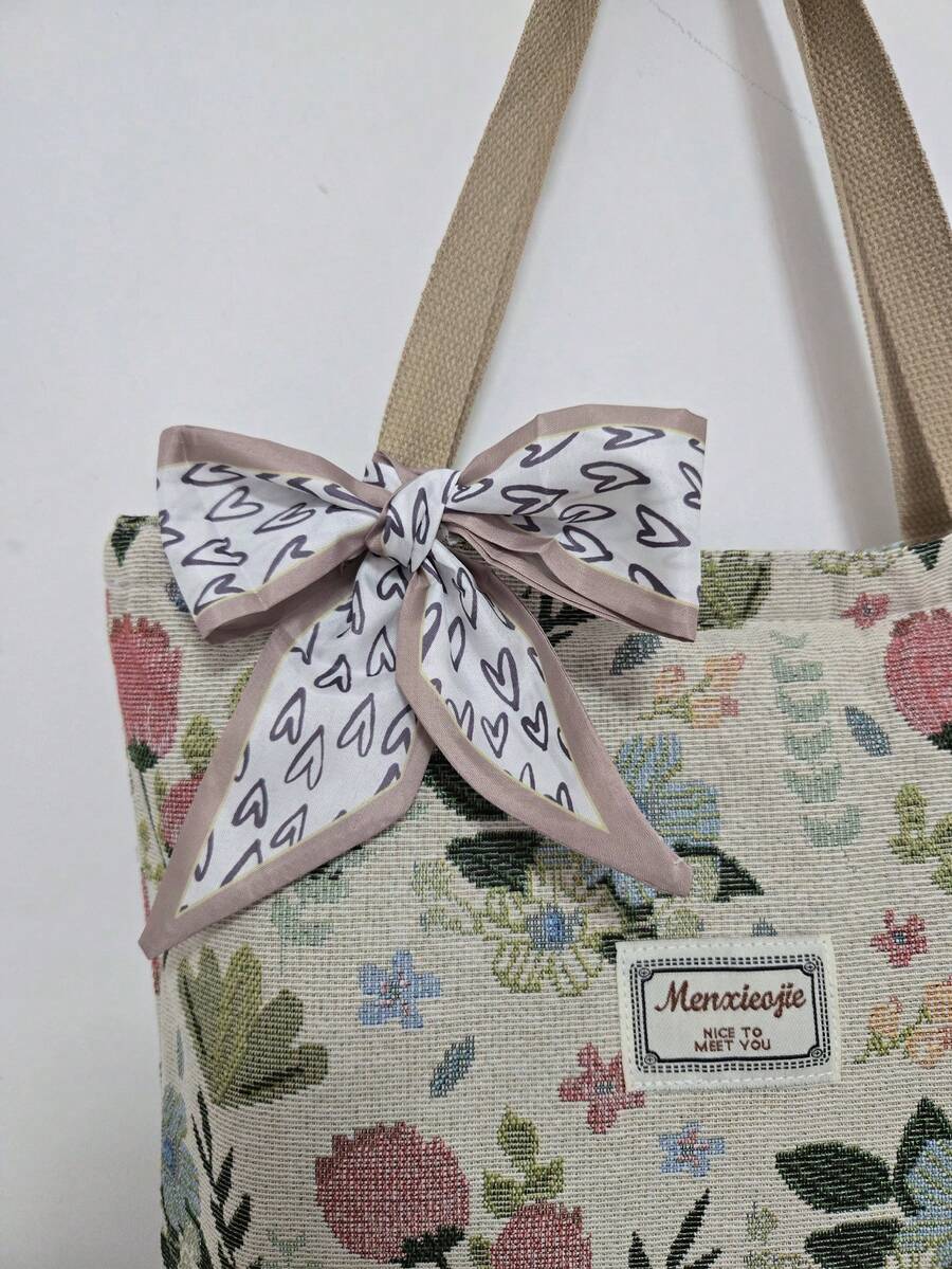 Large Capacity Zipper Shoulder Tote Bag, Floral Print With Decorative Scarf, Suitable For Work, School, Commuting Or Daily Casual Use