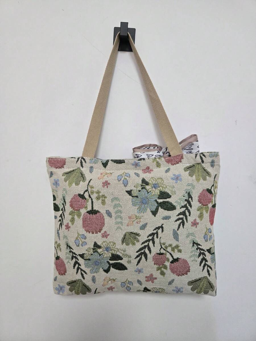 Large Capacity Zipper Shoulder Tote Bag, Floral Print With Decorative Scarf, Suitable For Work, School, Commuting Or Daily Casual Use