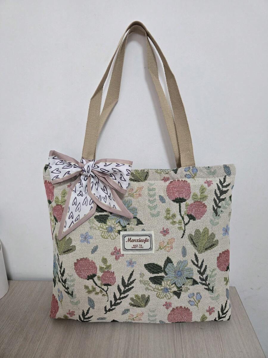 Large Capacity Zipper Shoulder Tote Bag, Floral Print With Decorative Scarf, Suitable For Work, School, Commuting Or Daily Casual Use