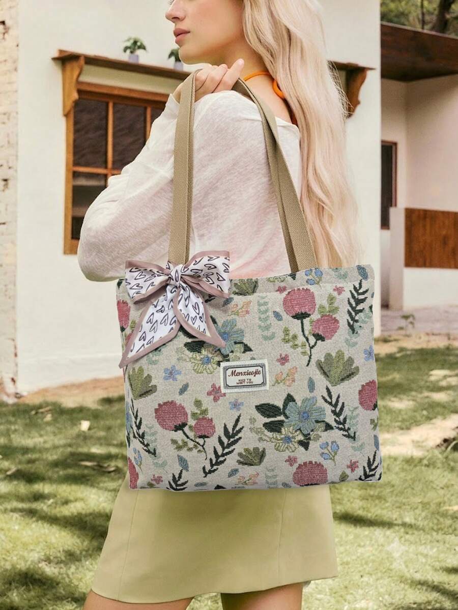 Large Capacity Zipper Shoulder Tote Bag, Floral Print With Decorative Scarf, Suitable For Work, School, Commuting Or Daily Casual Use