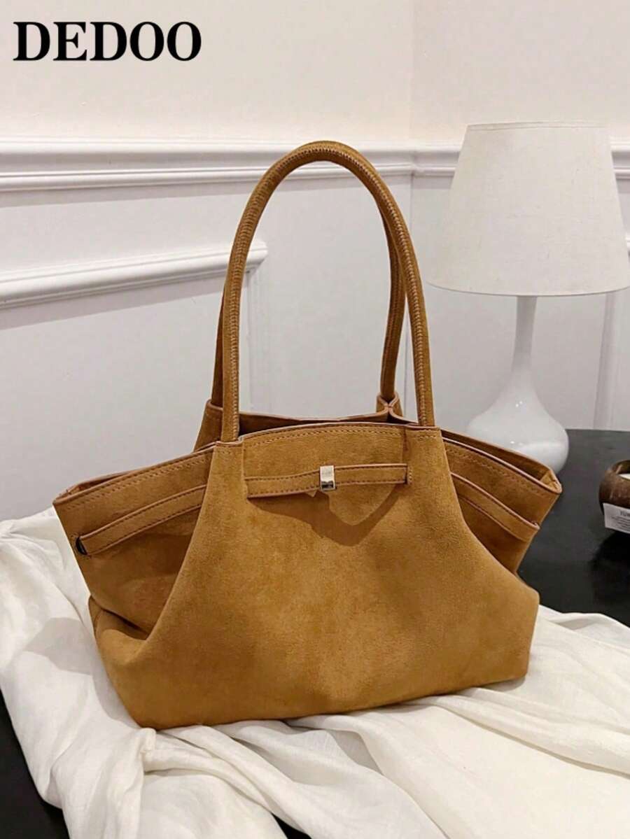 Dedoo 1pc Faux Suede Tote Bag, Large Capacity Solid Color Women's Handbag, Mature Elegant Style, Vintage Commuter Bag