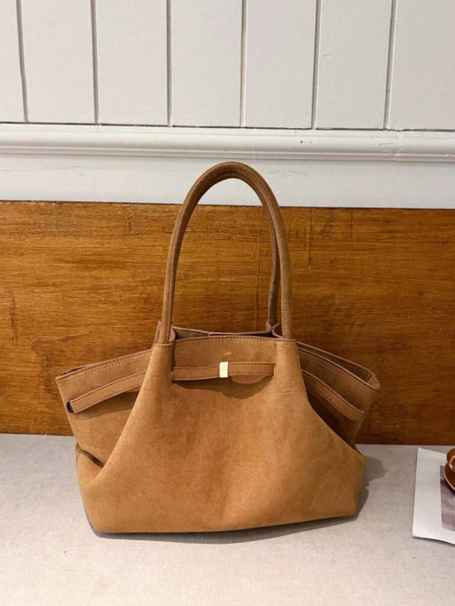 Dedoo 1pc Faux Suede Tote Bag, Large Capacity Solid Color Women's Handbag, Mature Elegant Style, Vintage Commuter Bag