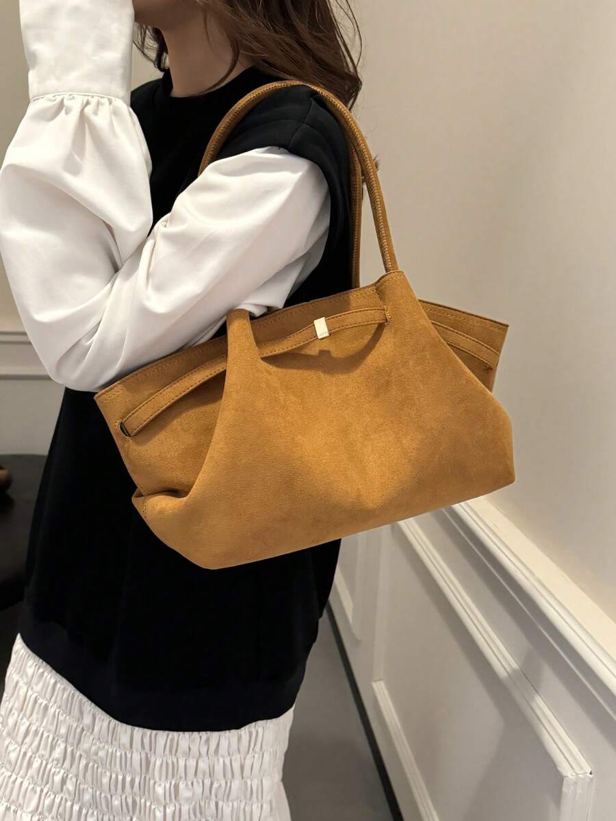 Dedoo 1pc Faux Suede Tote Bag, Large Capacity Solid Color Women's Handbag, Mature Elegant Style, Vintage Commuter Bag
